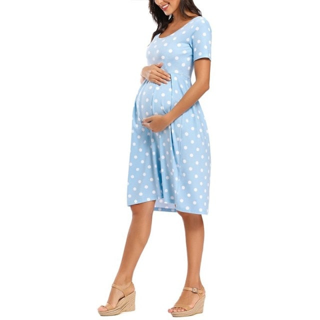 Light Blue Short Sleeved Polka Dot Maternity Dress